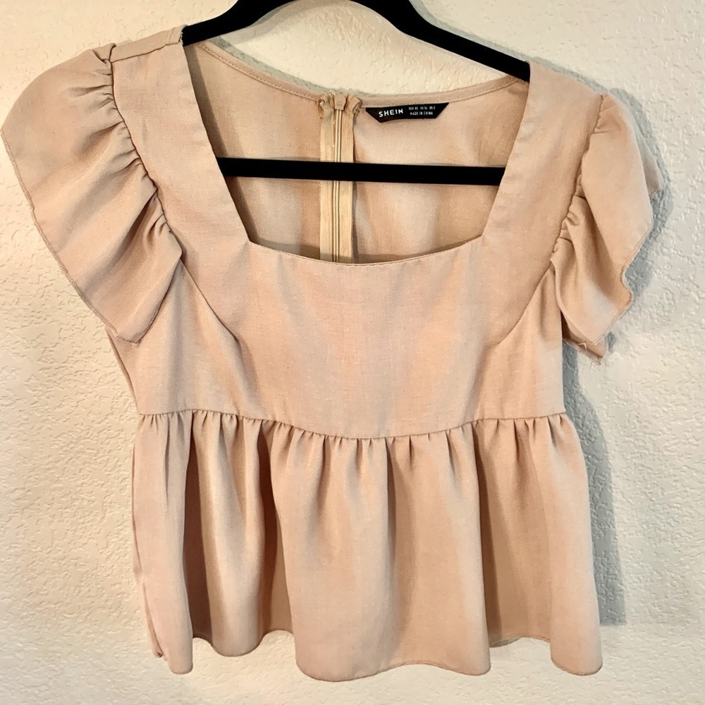 SHEIN Crop Top Size 2 Beige Peplum Flutter Sleeve Straight Neckline Back Zip